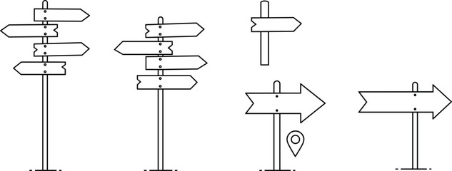 Directional signpost icon set with varied arrow styles and location pin, black-and-white vector design for navigation and wayfinding concept © Sagar Creative