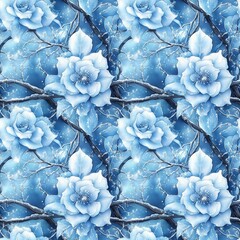 Seamless pattern of frost roses. Winter watercolor illustration