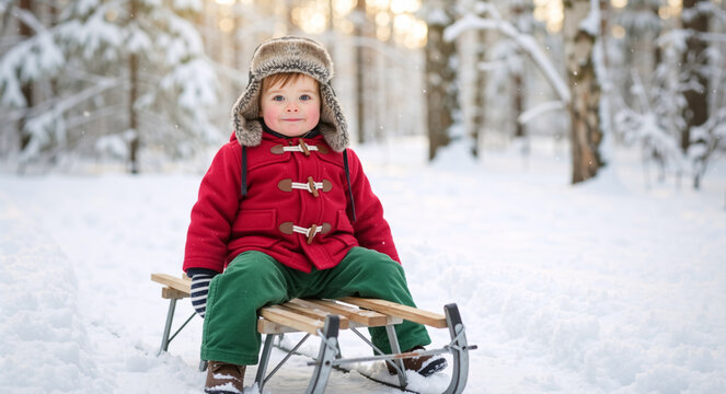 Cute toddler boy in a red coat sitting on a sled in the snow. Happy child playing outdoors in a winter forest with copy space
