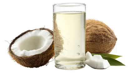 A glass of fresh coconut water with a whole coconut and a halved coconut, showcasing the natural beverage