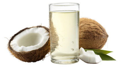 A glass of fresh coconut water with a whole coconut and a halved coconut, showcasing the natural beverage