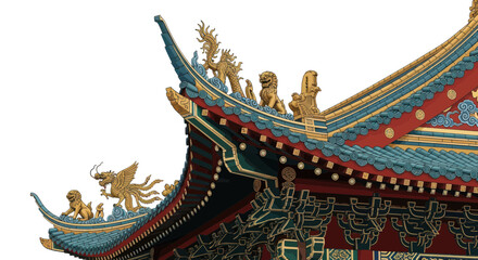 Fototapeta premium Close-up of a traditional Chinese temple roof with ornate golden mythical creatures and vibrant blue and red tiles.