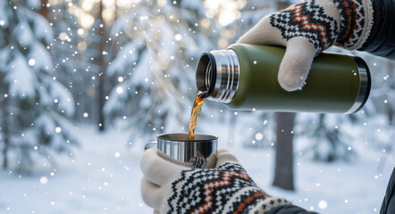 Hands in mittens pouring a hot drink from a thermos into a mug. Winter scene in a snowy forest with falling snow. Outdoor adventure and cozy lifestyle