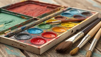 Obraz premium Exploring vibrant oil paint palette with brushes on weathered wooden table