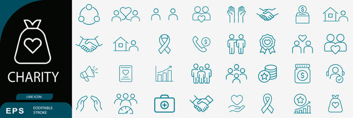 Charity donation volunteer line icons set social help vector