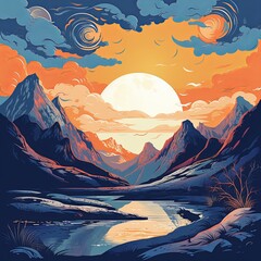 Scenic Mountain Landscape with Full Moon at Dusk A Serene Illustration with Vibrant Colors