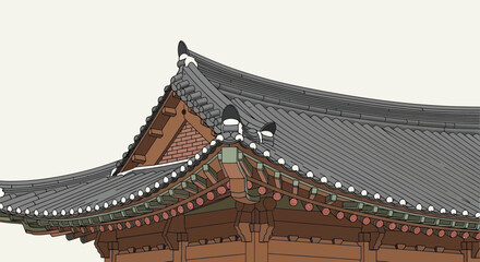Close-up view of a traditional Korean tiled roof with ornate dancheong decorations and curved eaves.