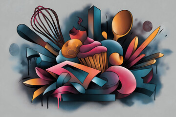 Logo for baking lovers featuring cakes, cupcakes, and whisks in graffiti style with vibrant colors