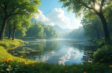 Obraz premium Calm lake reflects green trees and blue sky with clouds. Yellow flowers grow on grassy shore near water with lily pads. Mountainous background fades into mist.