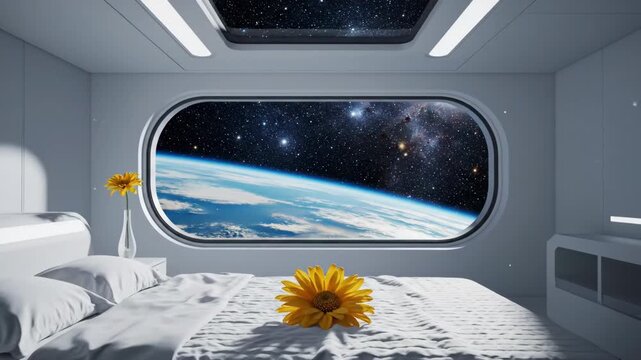 Futuristic bedroom interior on a spaceship featuring a comfortable bed with flowers and a large window presenting a breathtaking view of earth and starry outer space