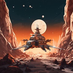 Futuristic Spaceship Exploring a Desolate Alien World with a Large Moon in the Background.