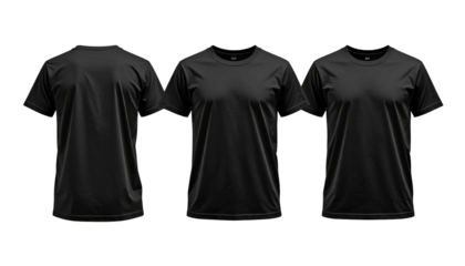 Three basic black t-shirts are displayed, showcasing front and back views. Each shirt has short sleeves and a crew neck