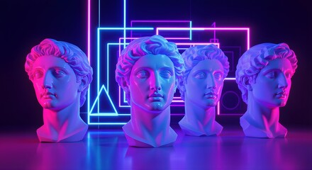 Row of classical sculpture busts illuminated by vibrant neon pink and blue lights creating a modern futuristic aesthetic with retro cyber art vibes