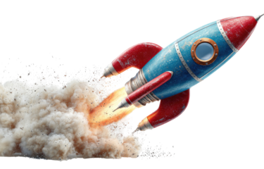 Retro rocket blasts off, leaving a trail of smoke