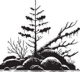 Moss Tree Artwork Black and White Minimalist Wall Decor