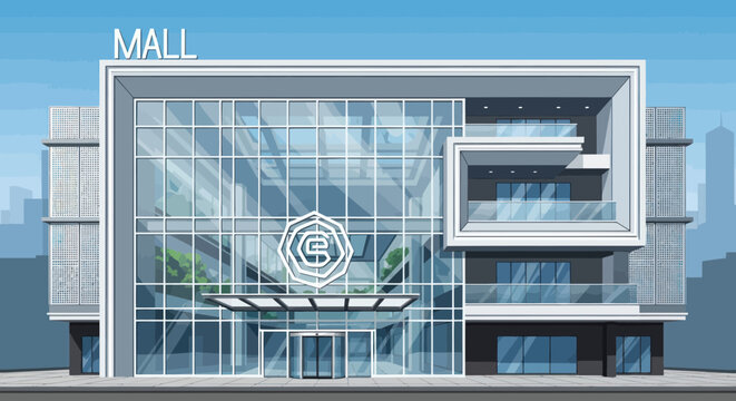 Modern shopping mall building with a large glass facade and contemporary architecture in a city setting under a clear sky.