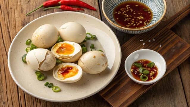 Delicious balut eggs served on a rustic plate with dipping sauces and garnishes