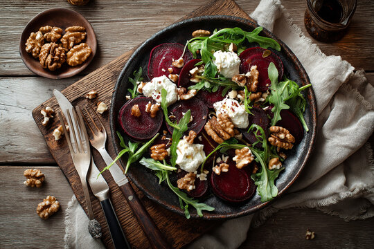 Overhead shot of a fresh beet salad with goat cheese, arugula, and walnuts on a rustic ceramic plate, served on a linen tablecloth with cutlery. - Powered by Adobe