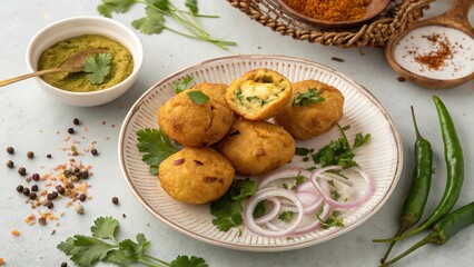 Satisfying overhead view of batata vada served on a plate with fresh herbs and spices