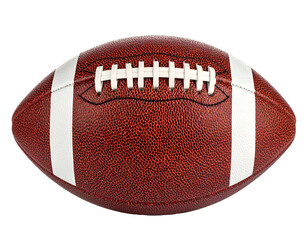 A brown, textured ball with white stripes and laces