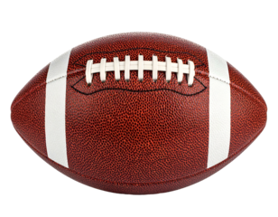 A brown, textured ball with white stripes and laces