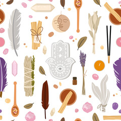 Boho seamless pattern with crystals and herbs