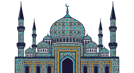 A highly detailed and ornate mosque with intricate blue and gold patterns, featuring multiple domes and minarets, against a white background.