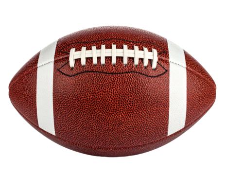 A brown, textured ball with white stripes and laces