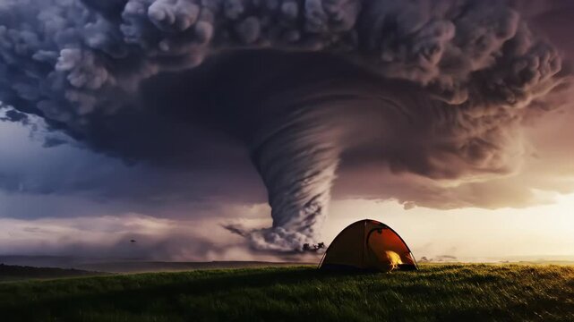 Camping tent sitting on a grassy hill, facing a massive powerful tornado descending from dark turbulent storm clouds dominating the dramatic sky, symbolizing danger and extreme weather conditions