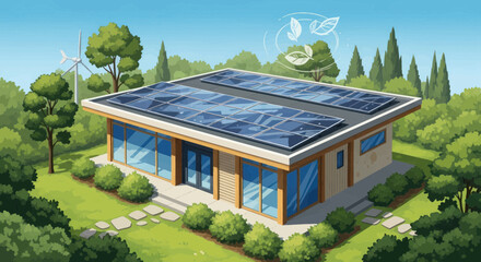 Modern eco-friendly house with solar panels and wind turbine, surrounded by green trees, symbolizing sustainable living and renewable energy.