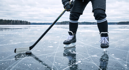 A hockey player's skates, stick, and puck on a frozen lake. Close-up of a person playing outdoor pond hockey in winter