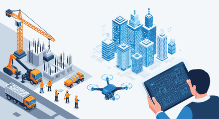 Modern construction progress unfolds with drone technology and digital blueprints guiding smart city development
