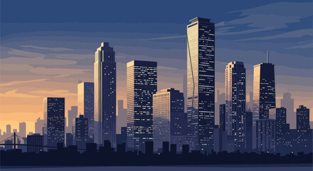 Pixel art cityscape at sunset with tall buildings and illuminated windows reflecting in the water.