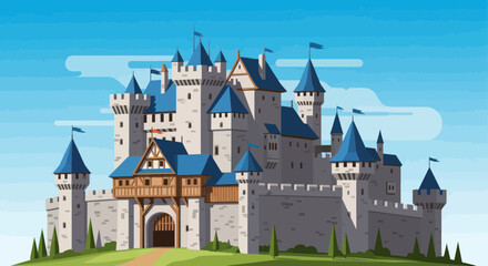 A grand medieval castle with blue roofs and flags on a green hill under a clear blue sky, depicted in an illustrative style.