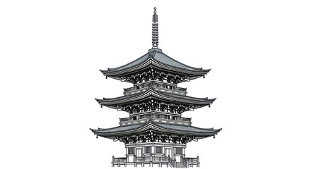 A traditional Japanese five-story pagoda with intricate architectural details and curved roofs, standing against a white background.
