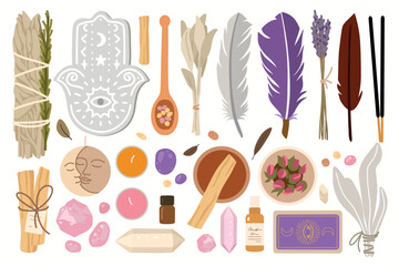 Boho spiritual collection. Crystals, incense