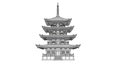 A detailed black and white architectural illustration of a traditional multi-story Japanese pagoda on a white background.