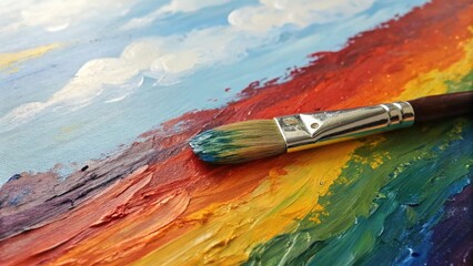 Obraz premium Vibrant paint smudge created with a palette knife on a colorful canvas during a sunny afternoon