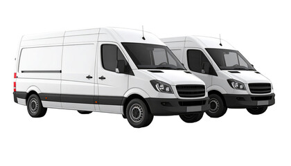 Two white delivery vans, positioned at a slight angle on a black background. The vans are boxy and have multiple windows