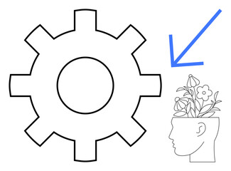 Large gear alongside a head sprouting flowers, guided by a blue arrow. Ideal for creativity, innovation, mental health, self-growth, productivity, positive mindset problem-solving. Simple flat