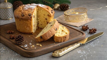 Perfectly sliced panettone sits on a wood board ready to be enjoyed during the festive holiday season