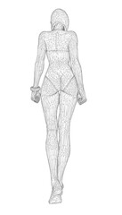 A wireframe sketch of a woman in a swimsuit, featuring clean vector lines and minimalist design. Back view