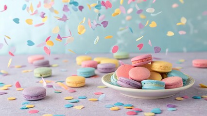 Colorful pastel confetti and macarons create a festive atmosphere for any celebration