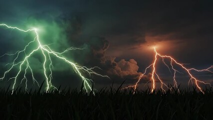 Dynamic lightning bolts illuminating the dark, cloudy sky over a field of tall green grass, capturing the raw energy and dramatic intensity of a severe nocturnal thunderstorm - Powered by Adobe