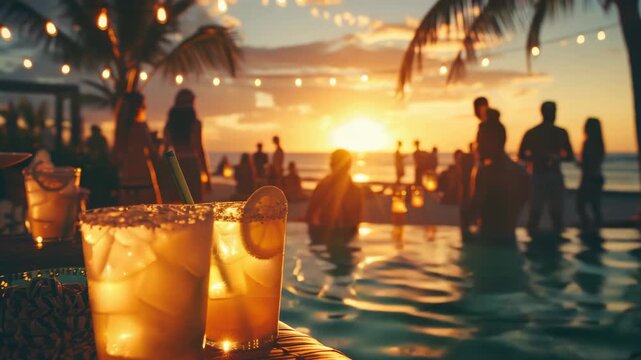 Two drinks with straws in them are on a table by a pool. There are people in the background