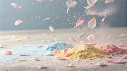 Pastel powder and flower petals create a colorful scene during a spring celebration