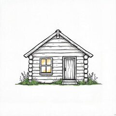 Rustic wooden cabin illustration with garden elements, home aesthetics