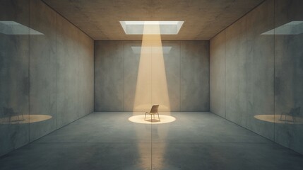 Chair bathed in light in a concrete room, spotlight shining down from above, minimalist interior offering a sense of calm and contemplation