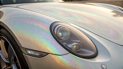 Close up of a stunning pearlized paint surface showing vibrant rainbow hues on a sleek car body at sunset