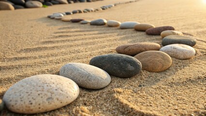 Pebble gradient from soft sand to smooth stone creating a serene landscape by the shore in golden light